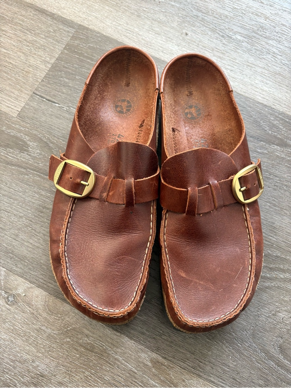 Birkenstock Brown Leather Buckle Slip-On Clogs